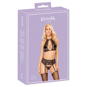 Bozkávaný - čipkovaný set podprsenky na krku (čierna) - L/XL