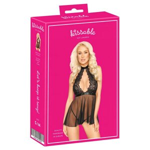 Bozkávateľné - čipkované babydoll s golierom (čierne) - L/XL