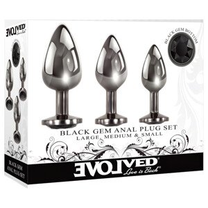 Evolved Black Gem - kovový análny plug set s čiernym kameňom (strieborný)
