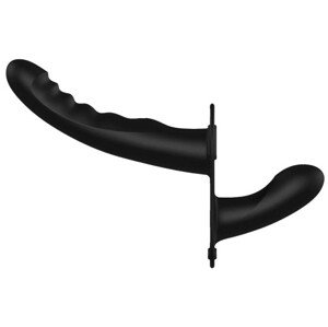 Dual Vibrating - Rechargeable - 10 Speed Silicone Ribbed Strap-On - Adjustable - Black